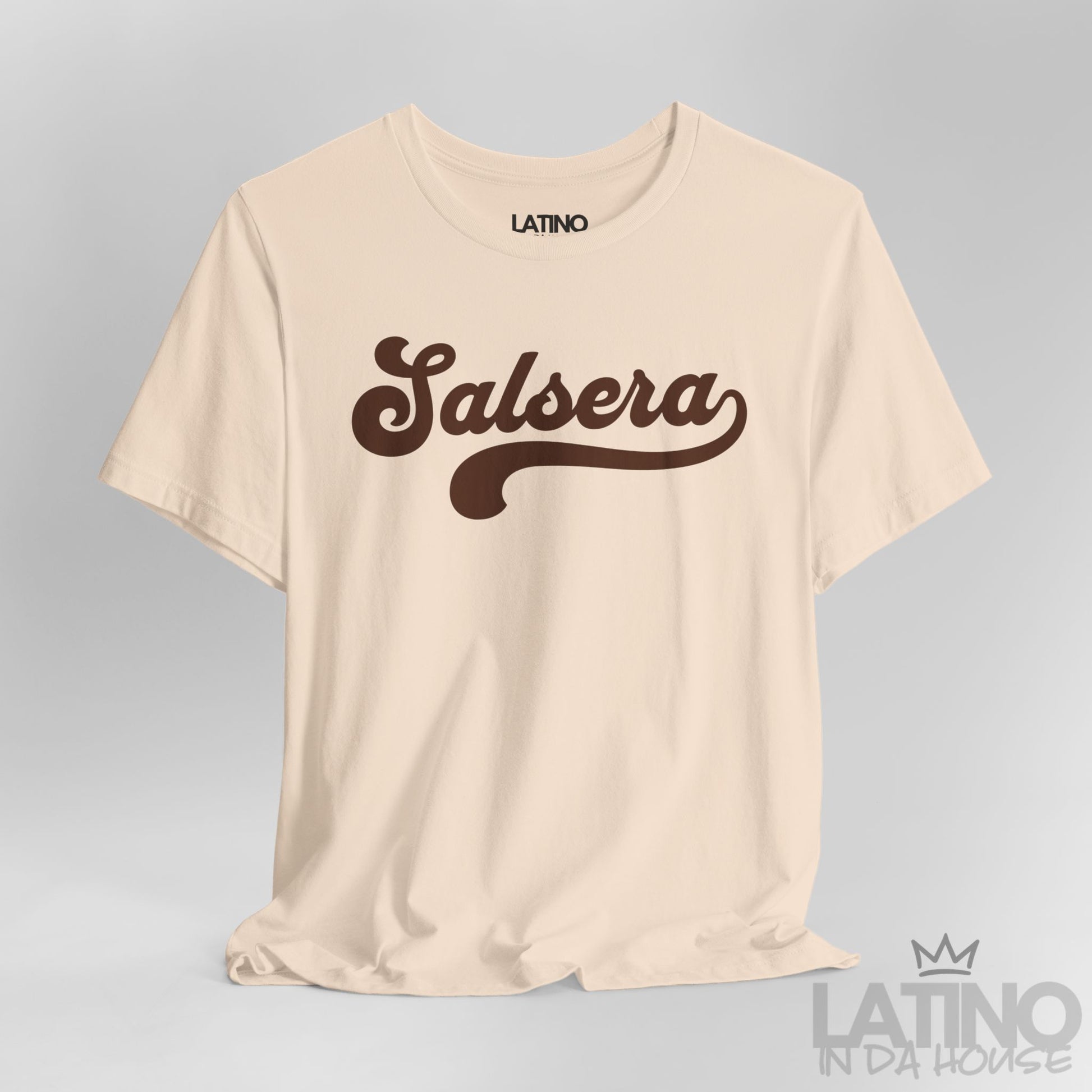 Close-up of Salsera T-Shirt in soft cream with bold script design – Latino In Da House