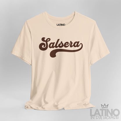Close-up of Salsera T-Shirt in soft cream with bold script design – Latino In Da House