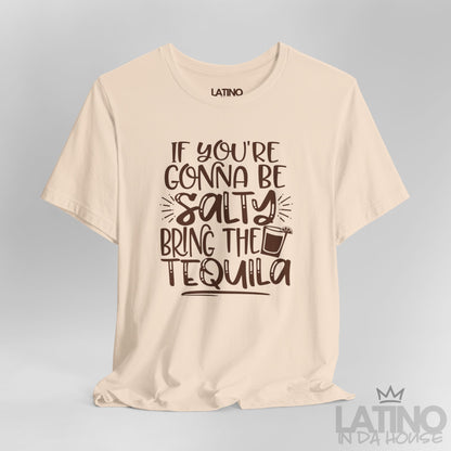 Close-up of Soft Cream T-shirt design with salty tequila phrase and cocktail glass. Latino In Da House 