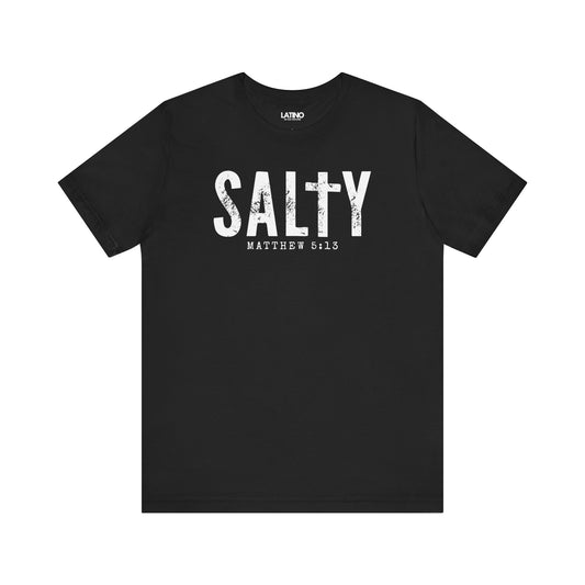 Salty Matthew 5:13 T-Shirt in black with distressed white text and cross design - Latino In Da House