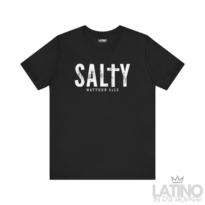 Salty Matthew 5:13 T-Shirt in black with distressed white text and cross design – Latino In Da House