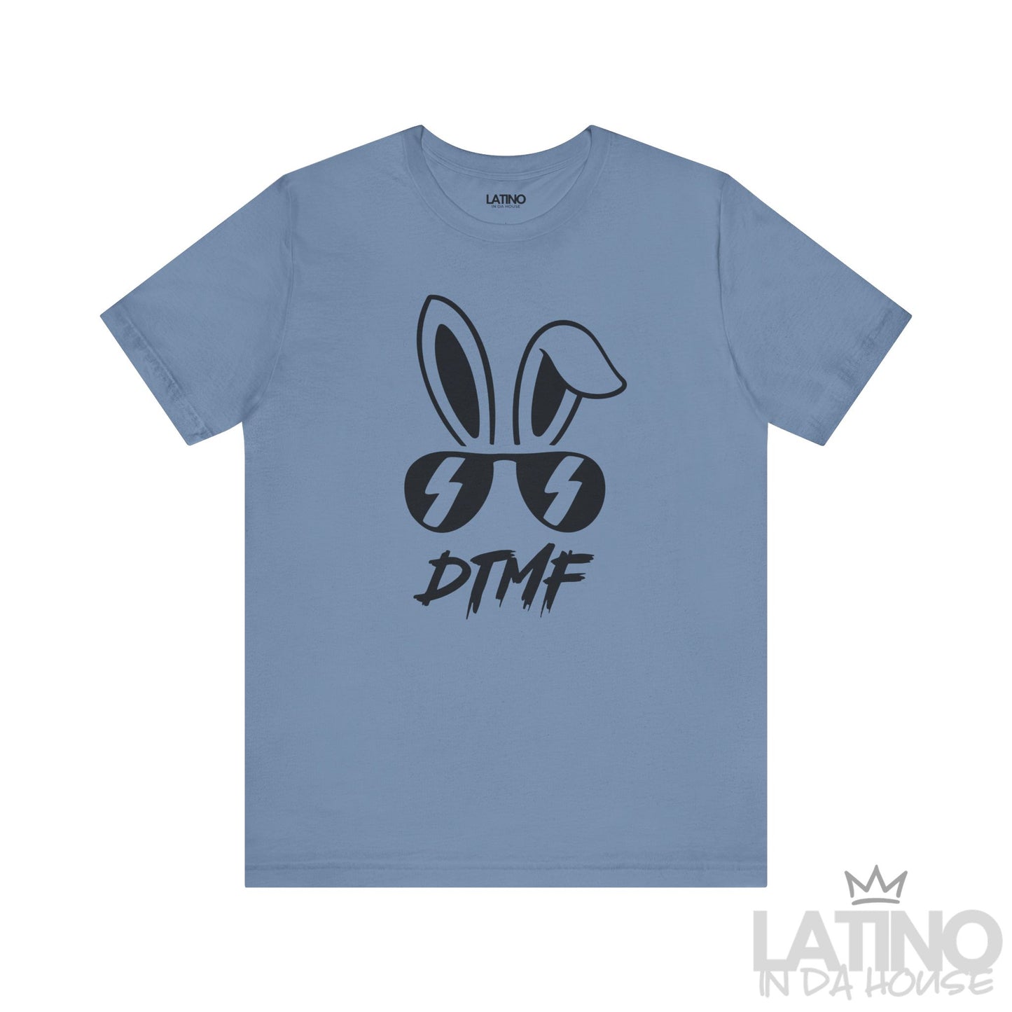 Steel Blue DTMF T-Shirt featuring bold bunny ears and lightning sunglasses design – Latino In Da House