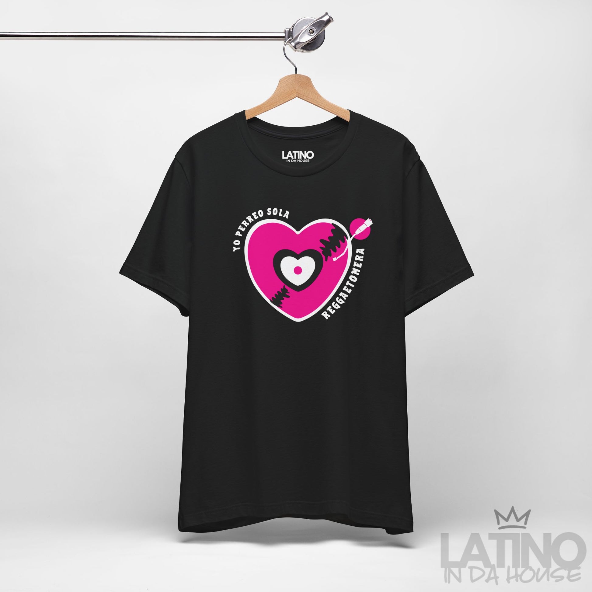 Yo Perreo Sola Reggaetonera T-shirt in black on hanger with reggaeton style heart graphic. Latino In Da House 