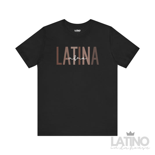 Afro Latina T-Shirt in black color with bold brown text design Latino In Da House
