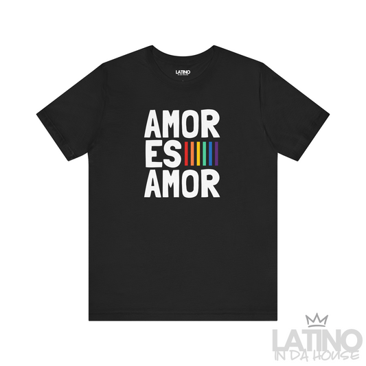 Amor Es Amor Core T-Shirt in black featuring bold white stacked text and rainbow accent. Latino In Da House