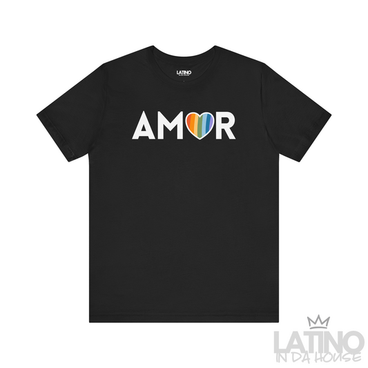 Black AMOR Pride Heart T-Shirt with rainbow heart O – minimalist LGBTQ+ tee. Latino In Da House 