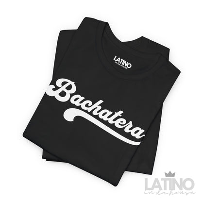 Closeup of Bachatera script print in white on black t-shirt Latino In Da House 