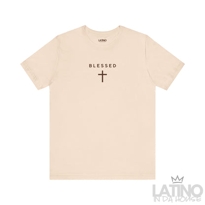 Blessed T-Shirt in soft cream with brown minimalist cross and text. Latino In Da House 