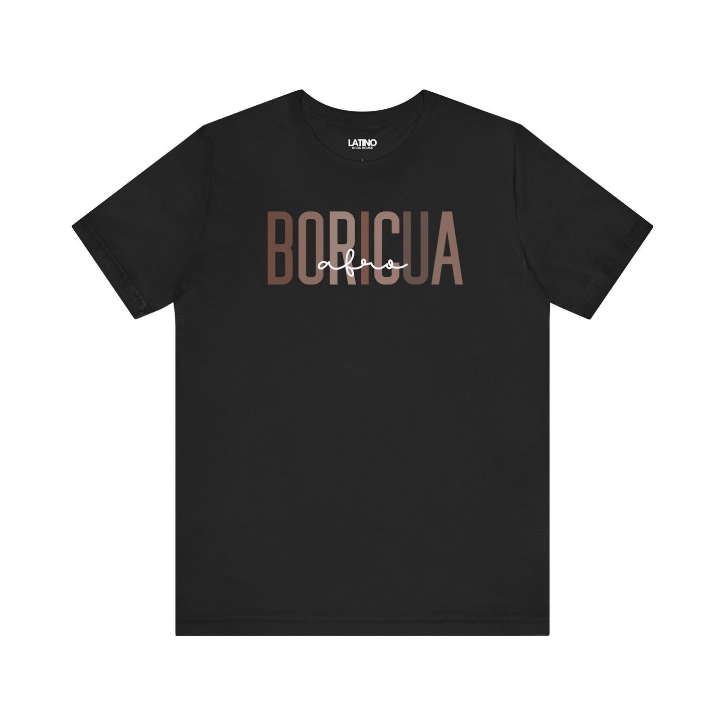 Bold BORICUA black t-shirt, typography with a stylish “afro” script overlay. Latino In Da House