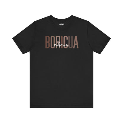 Bold BORICUA black t-shirt, typography with a stylish “afro” script overlay. Latino In Da House
