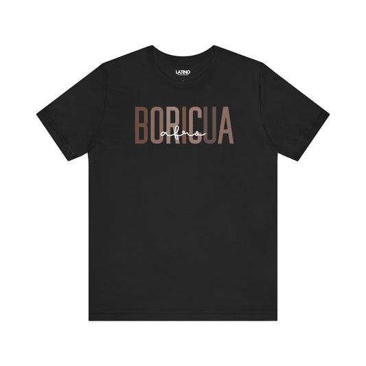 Bold BORICUA black t-shirt, typography with a stylish “afro” script overlay. Latino In Da House