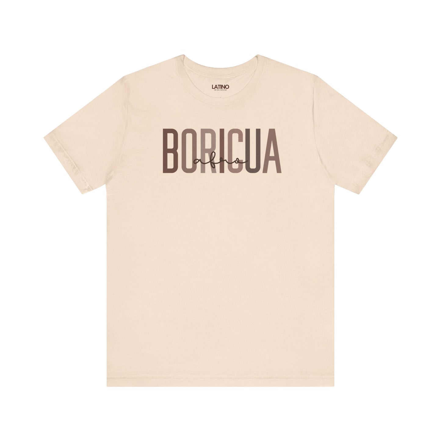 Bold BORICUA soft cream t-shirt, typography with a stylish “afro” script overlay. Latino In Da House