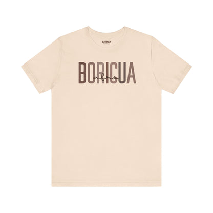 Bold BORICUA soft cream t-shirt, typography with a stylish “afro” script overlay. Latino In Da House