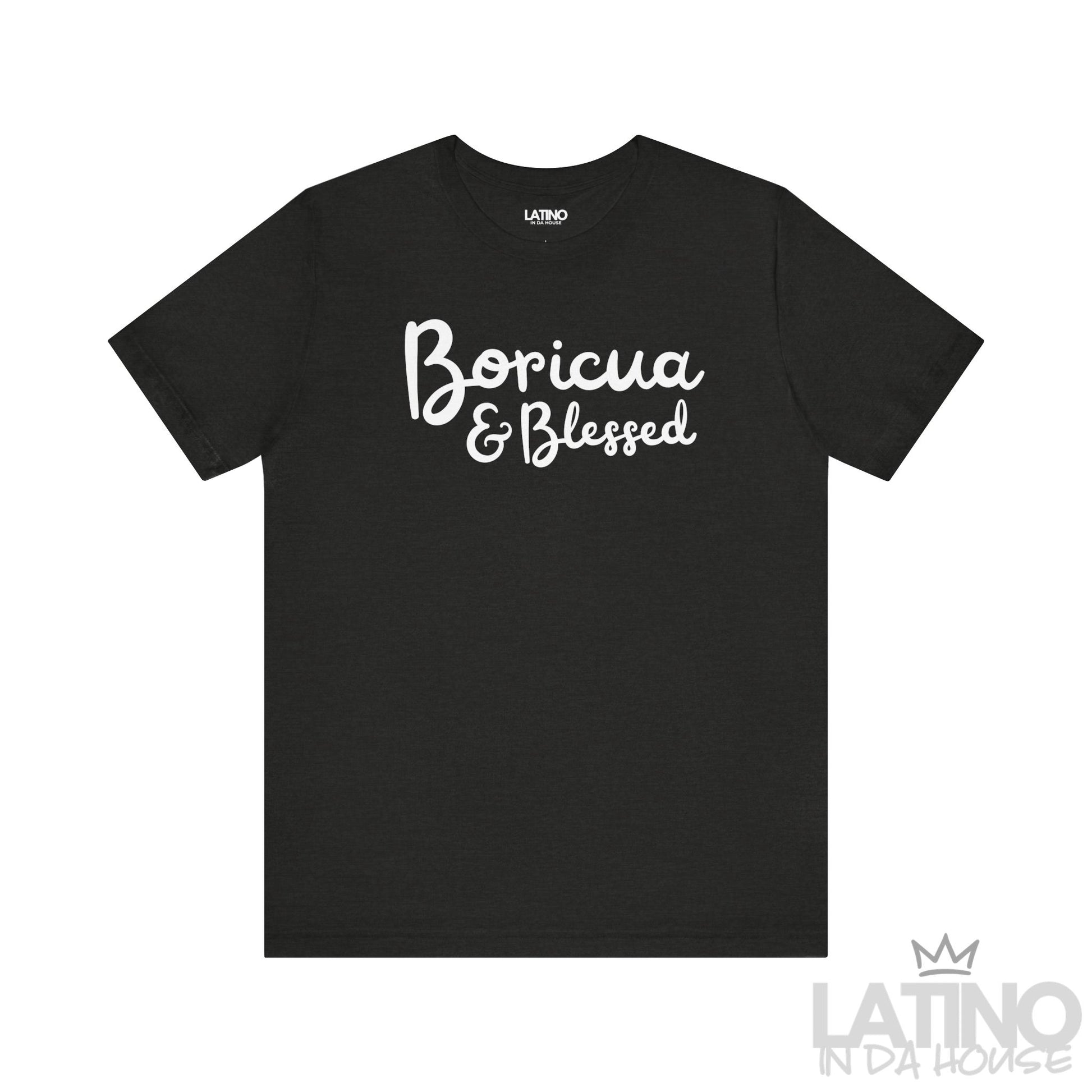 Black Heather ‘Boricua & Blessed’ T-shirt with white script text by Latino In Da House.