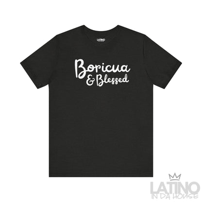 Black Heather ‘Boricua & Blessed’ T-shirt with white script text by Latino In Da House.