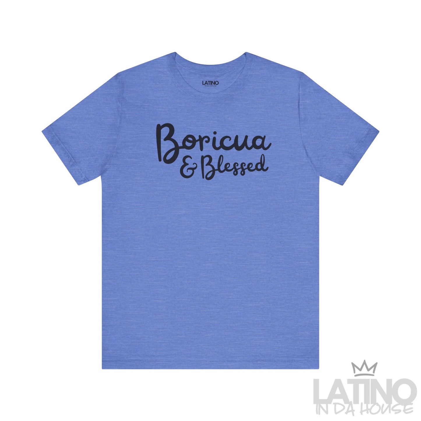 Blue Heather ‘Boricua & Blessed’ T-shirt featuring black script text by Latino In Da House.