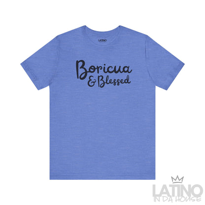 Blue Heather ‘Boricua & Blessed’ T-shirt featuring black script text by Latino In Da House.