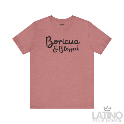 Mauve Heather ‘Boricua & Blessed’ T-shirt with black handwritten-style lettering by Latino In Da House.