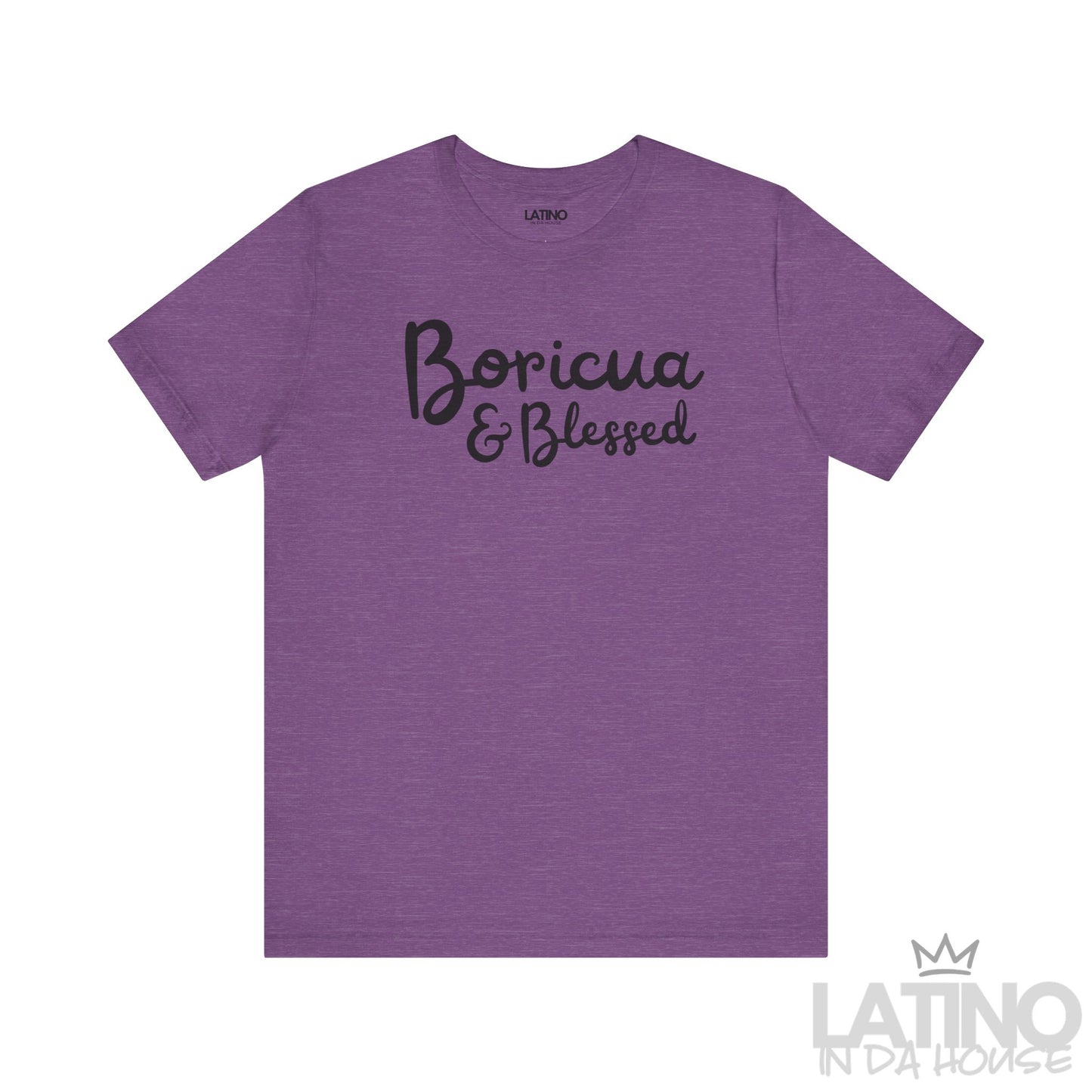 Purple Heather ‘Boricua & Blessed’ T-shirt with black script lettering by Latino In Da House.