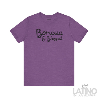 Purple Heather ‘Boricua & Blessed’ T-shirt with black script lettering by Latino In Da House.