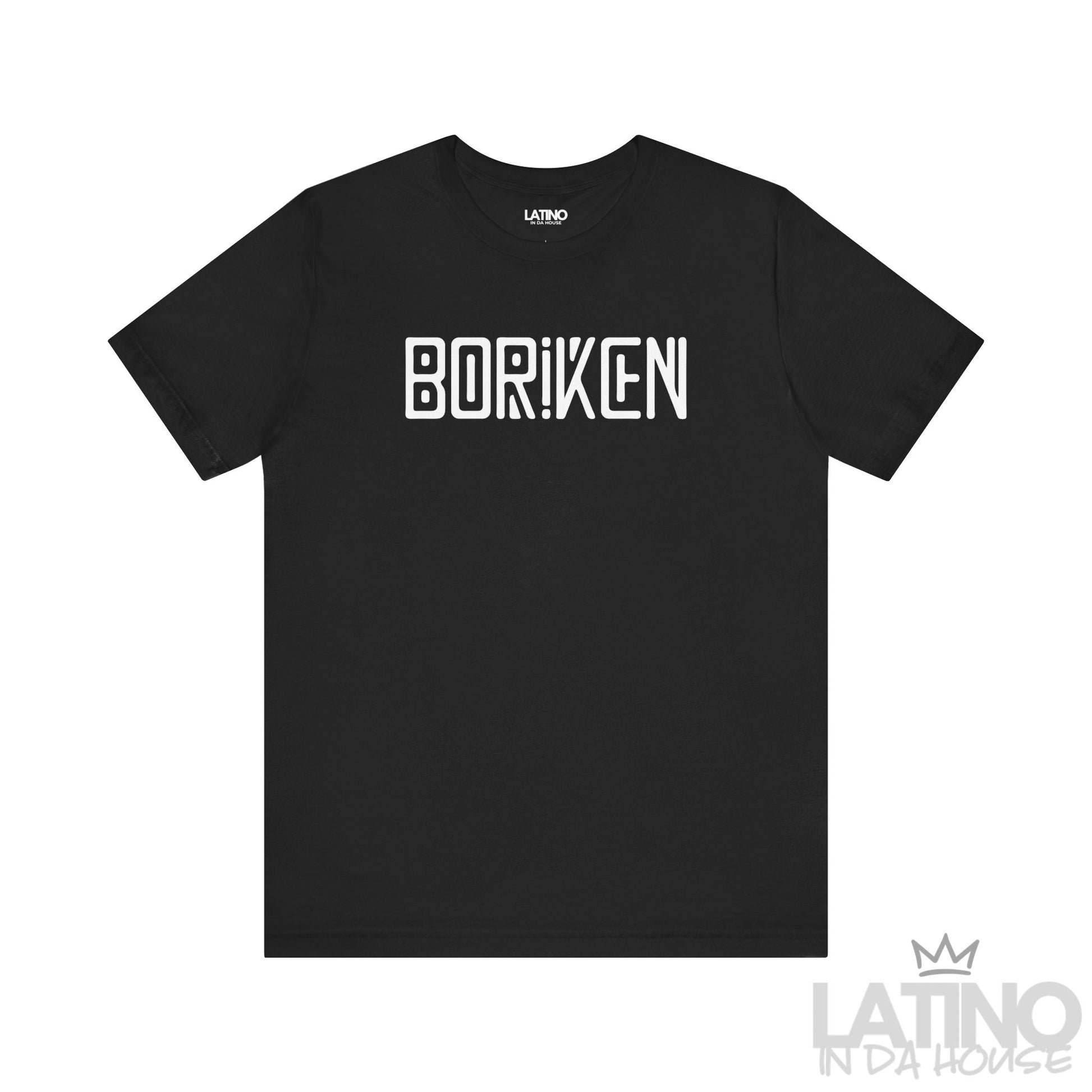 Black Borikén T-shirt with bold white block lettering inspired by Puerto Rican Taíno heritage.
