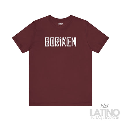 Maroon Borikén T-shirt with bold white block lettering inspired by Taíno motifs by Latino In Da House.