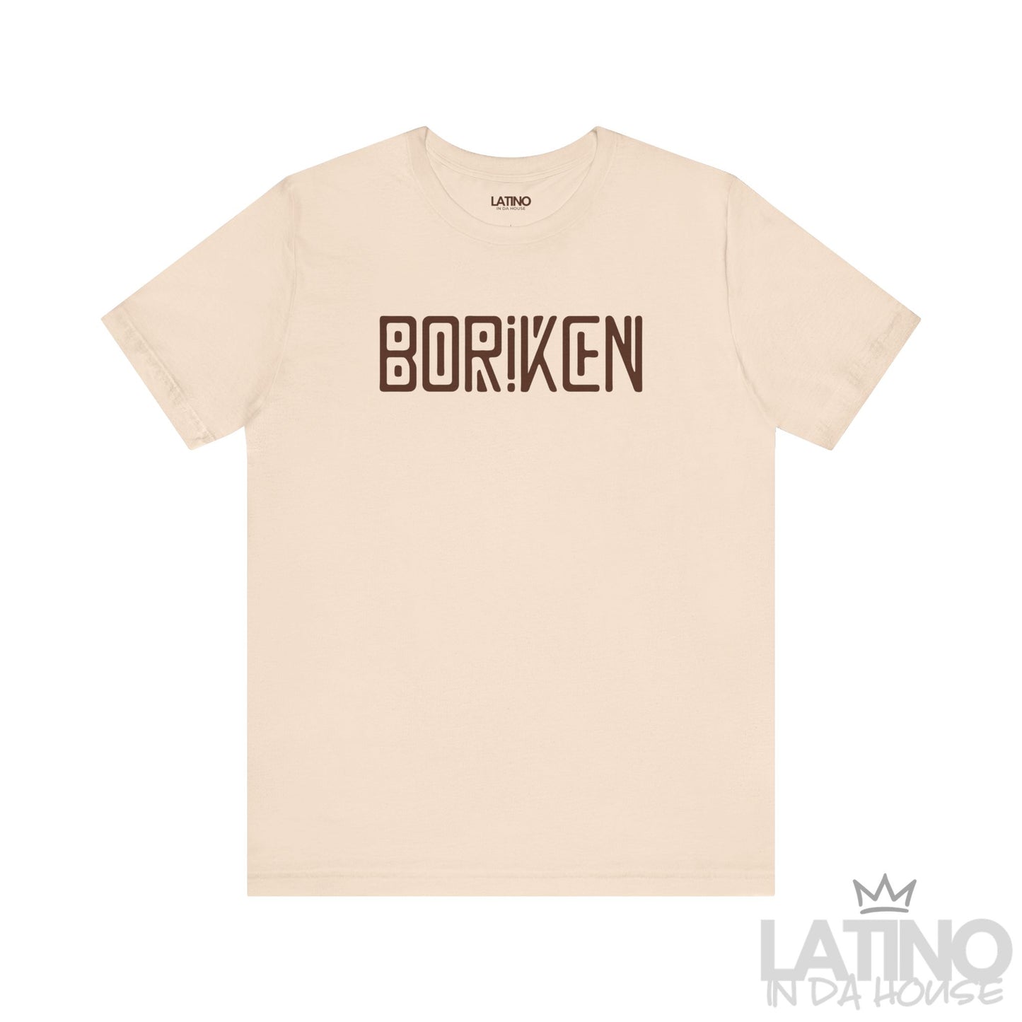 Soft cream Borikén T-shirt with brown block lettering styled with subtle Taíno-inspired shapes.