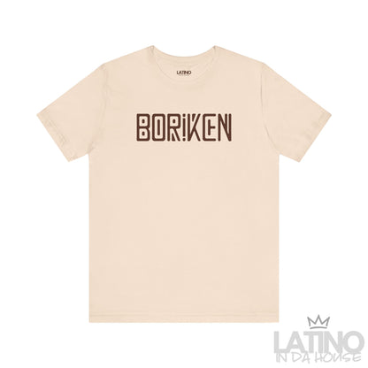 Soft cream Borikén T-shirt with brown block lettering styled with subtle Taíno-inspired shapes.