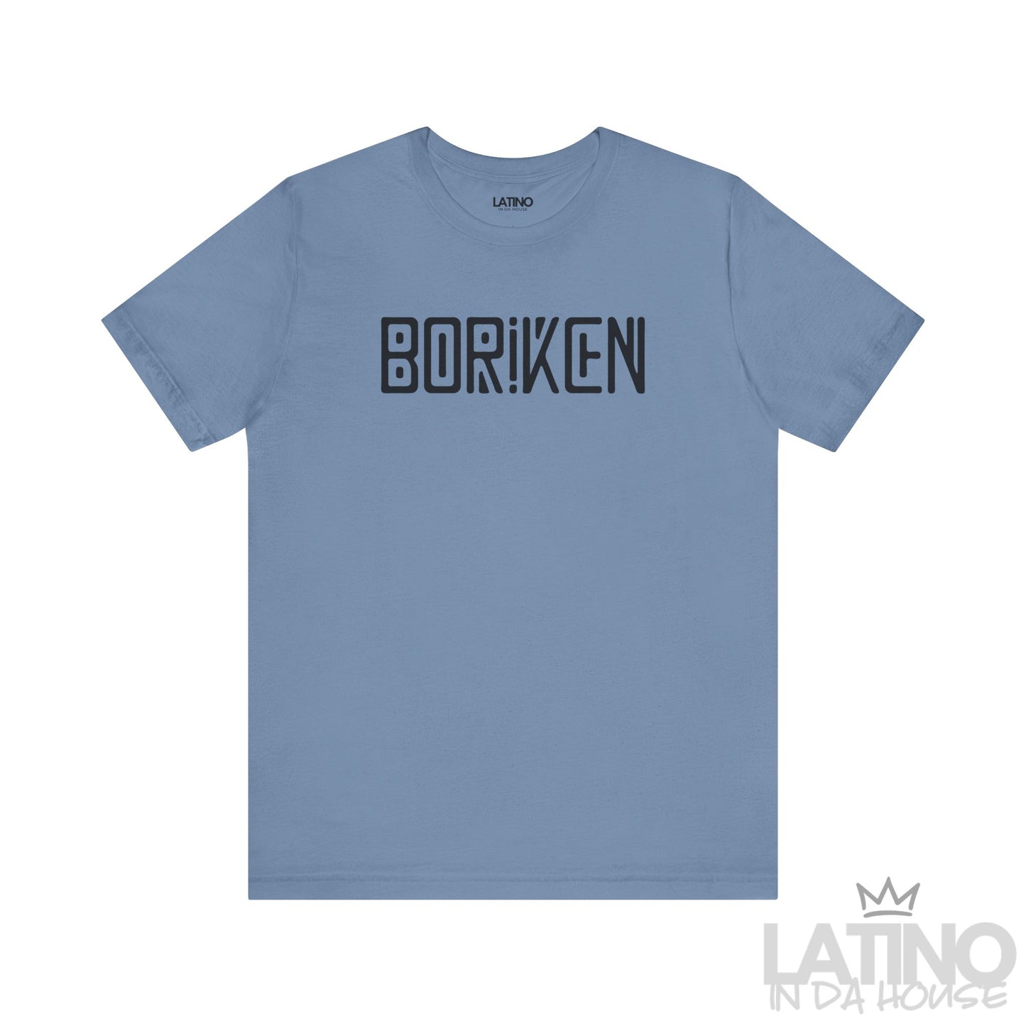 Steel blue Borikén T-shirt featuring bold black block-style lettering with Taíno-inspired details.