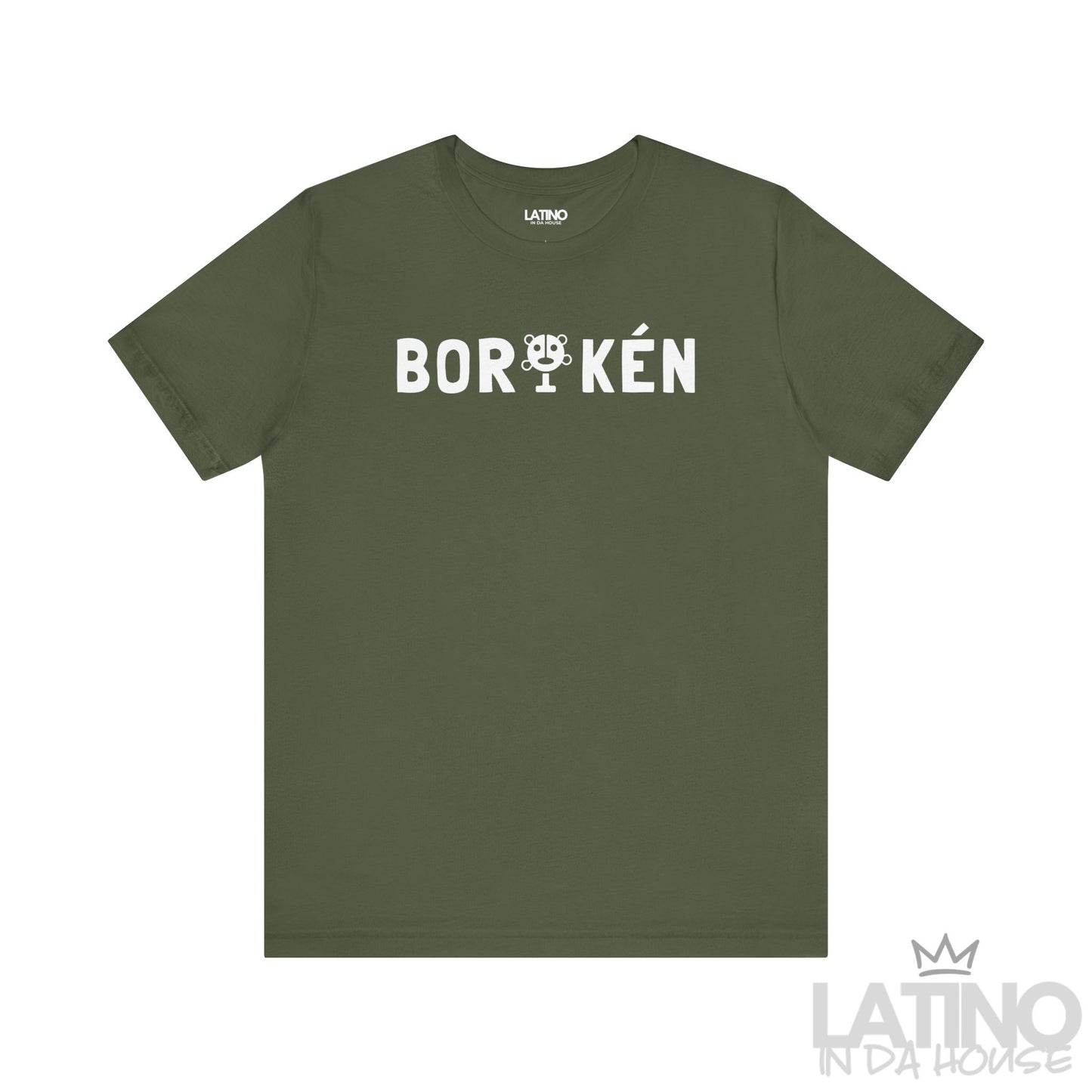 BORIKÉN T-Shirt in Military Green — white print with Taíno petroglyph detail. Latino In Da House