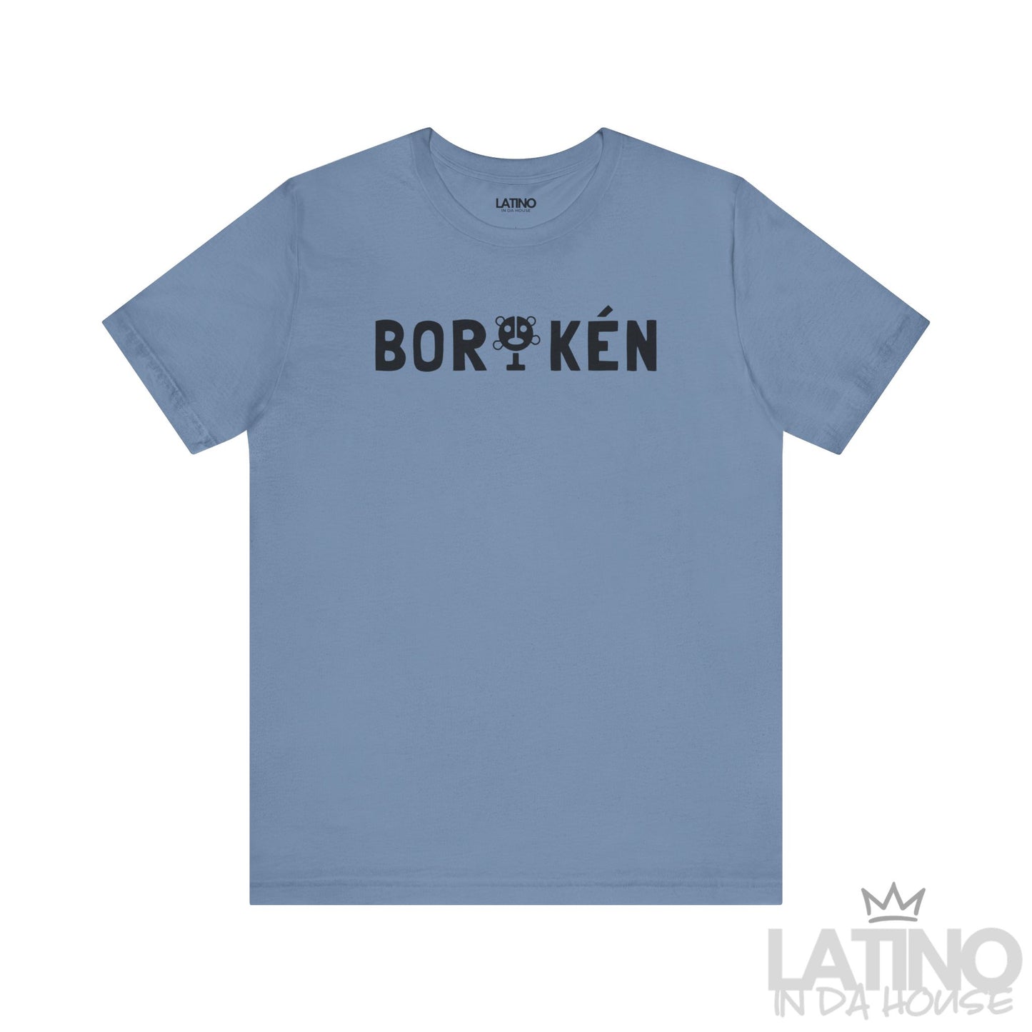 BORIKÉN T-Shirt in Steel Blue — black text and Taíno symbol print. Latino In Da House