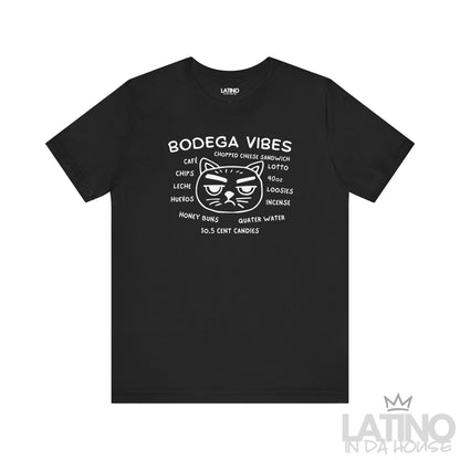 Bodega Vibes black T-shirt with grumpy cat graphic and NYC corner store items, Latino lifestyle streetwear. Latino In Da House