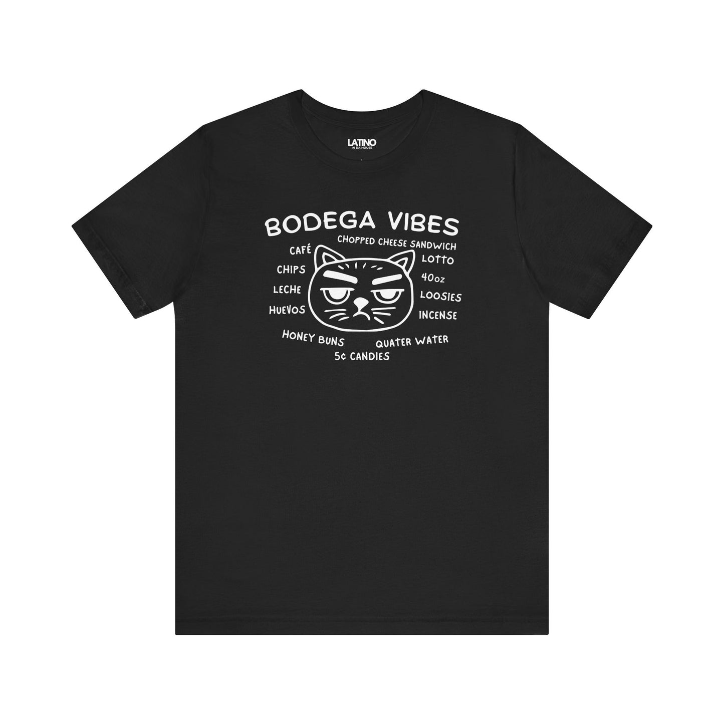 Bodega Vibes black T-shirt with grumpy
cat graphic and NYC corner store items, Latino lifestyle streetwear. Latino In Da
House
