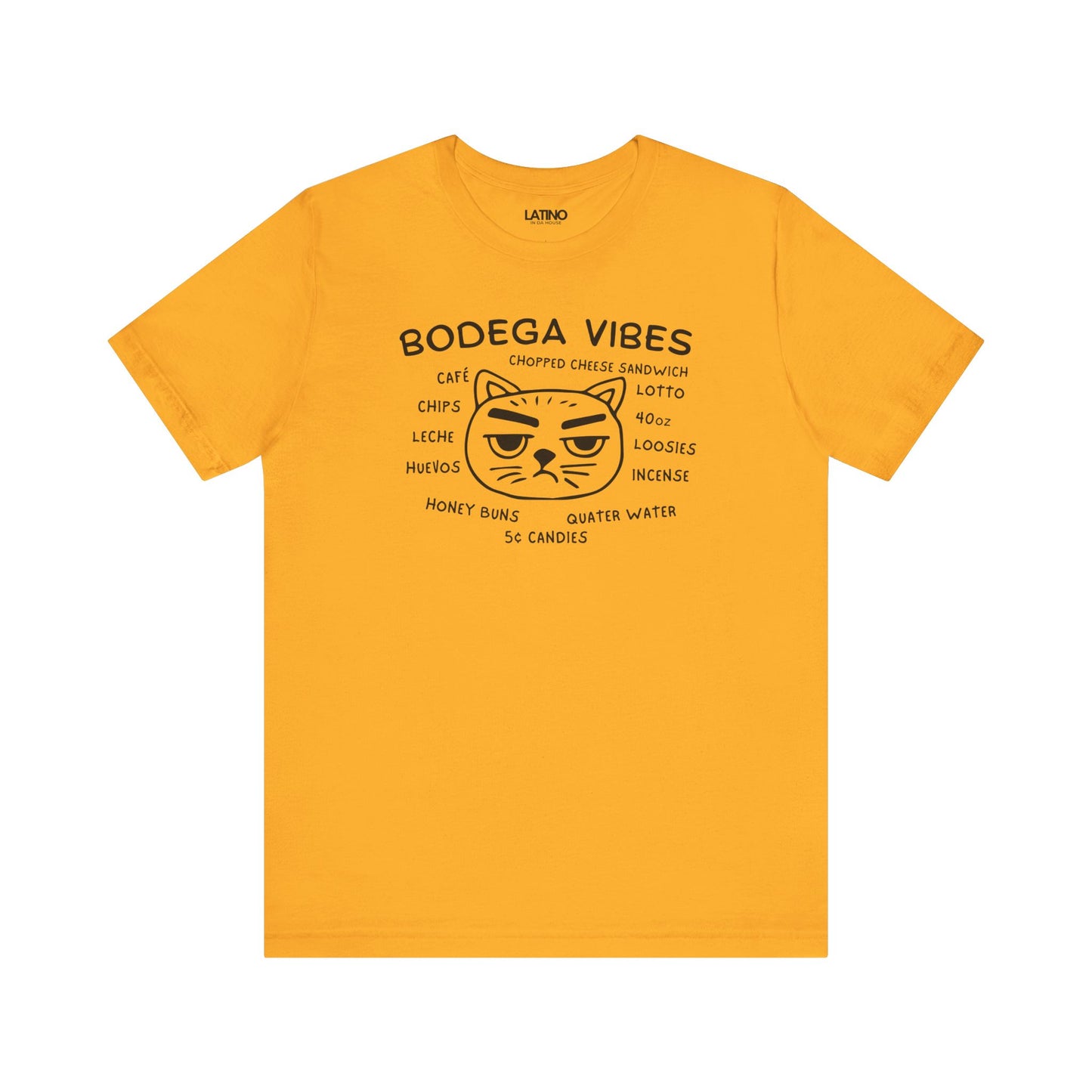 Bodega Vibes Gold Yellow T-shirt with grumpy cat graphic and NYC corner store items, Latino lifestyle streetwear. Latino In Da House