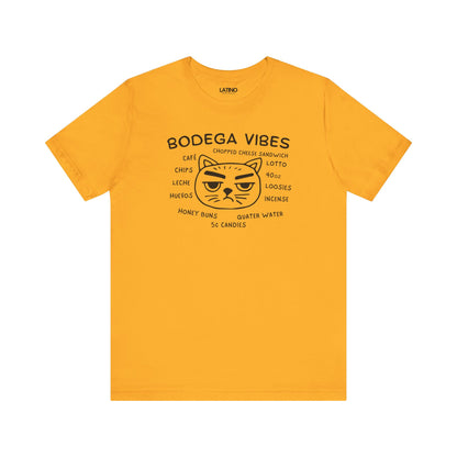 Bodega Vibes Gold Yellow T-shirt with grumpy cat graphic and NYC corner store items, Latino lifestyle streetwear. Latino In Da House