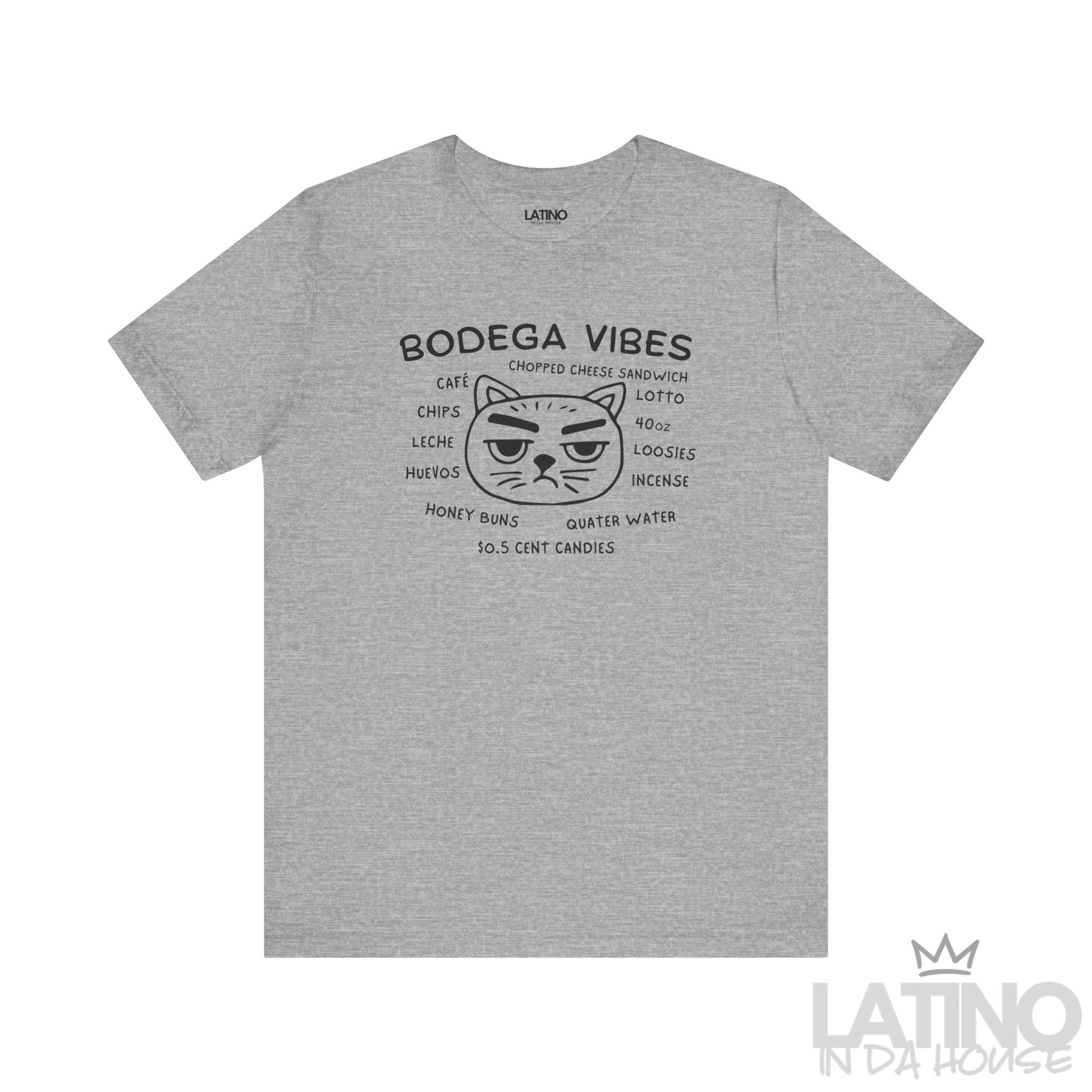 Heather grey Bodega Vibes tee with black text and cat graphic celebrating classic NYC Latino life. Latino In Da House 