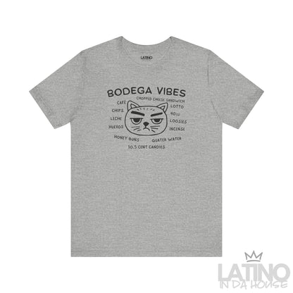 Heather grey Bodega Vibes tee with black text and cat graphic celebrating classic NYC Latino life. Latino In Da House 