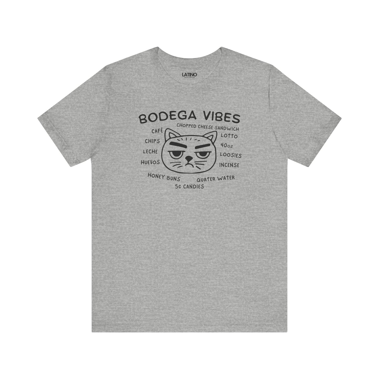 Bodega Vibes Heather Grey T-shirt with grumpy cat graphic and NYC corner store items, Latino lifestyle streetwear. Latino In Da House
