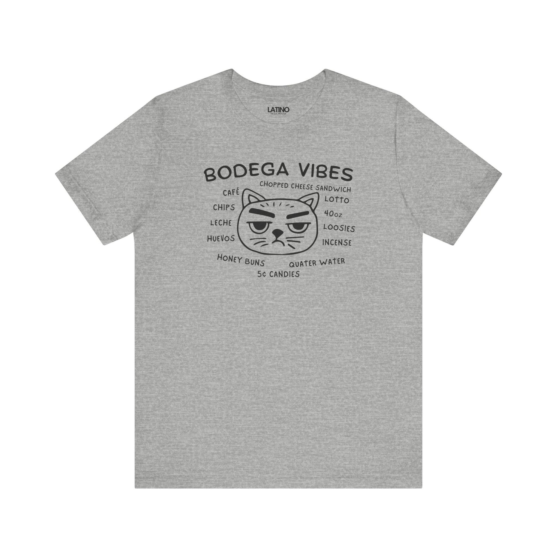 Bodega Vibes Heather Grey T-shirt with grumpy cat graphic and NYC corner store items, Latino lifestyle streetwear. Latino In Da House