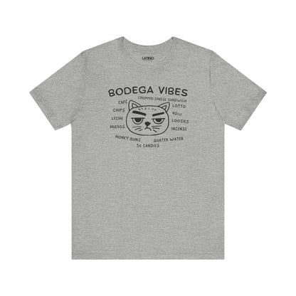 Bodega Vibes Heather Grey T-shirt with grumpy cat graphic and NYC corner store items, Latino lifestyle streetwear. Latino In Da House