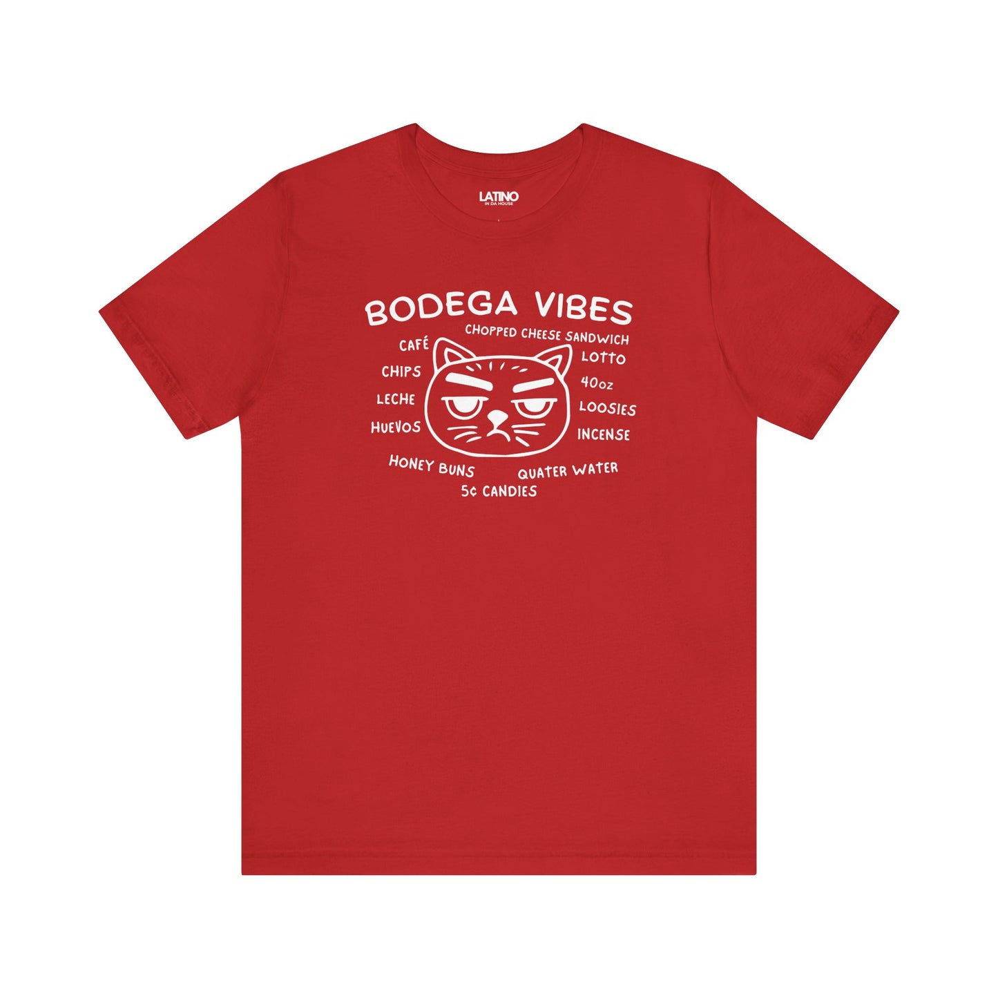 Bodega Vibes Red T-shirt with grumpy cat
graphic and NYC corner store items, Latino lifestyle streetwear. Latino In Da
House