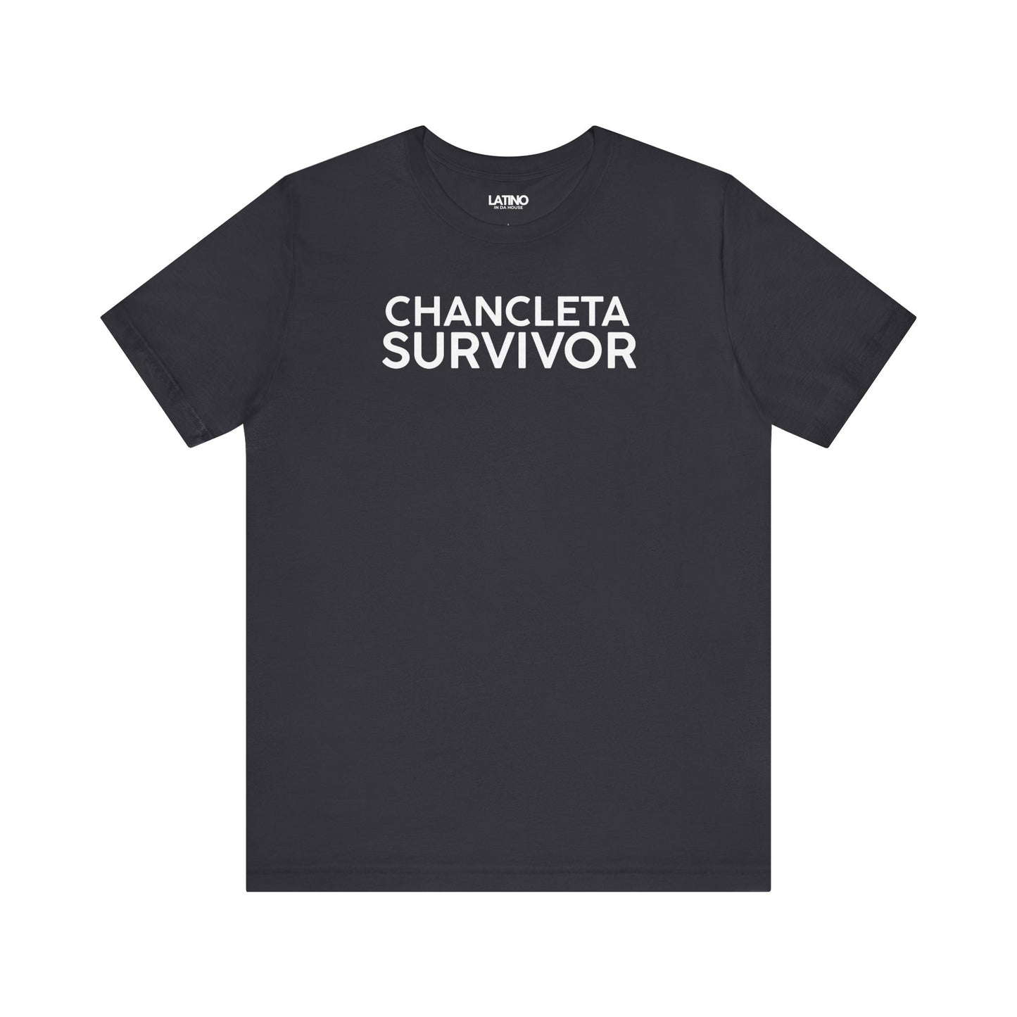 Chancleta Survivor T-Shirt in Dark Grey - Latino humor tee celebrating childhood memories. Latino In Da House