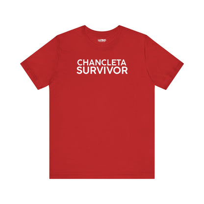Chancleta Survivor T-Shirt in Red - Latino humor tee celebrating childhood memories. Latino In Da House