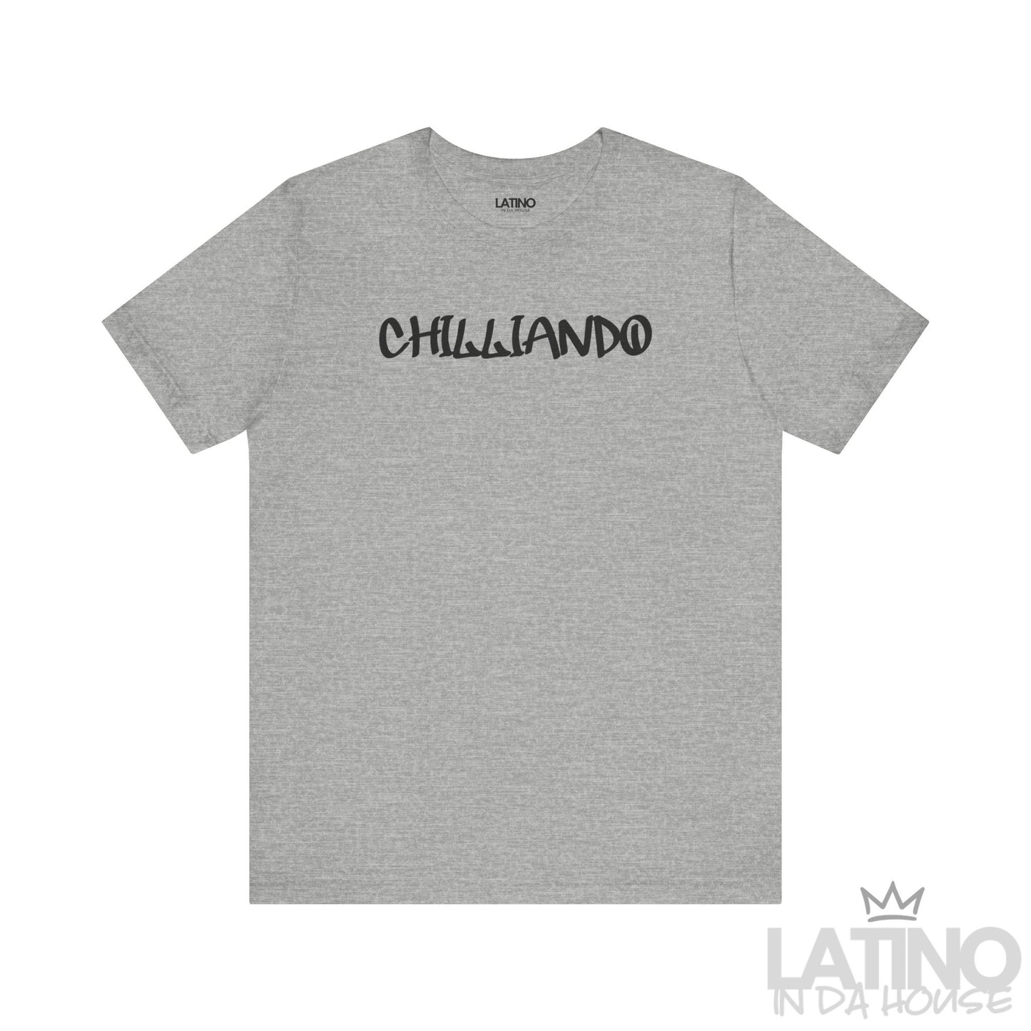 Chilliando t-shirt in heather grey with black graffiti text. Latino In Da House 