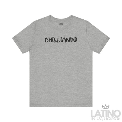 Chilliando t-shirt in heather grey with black graffiti text. Latino In Da House 