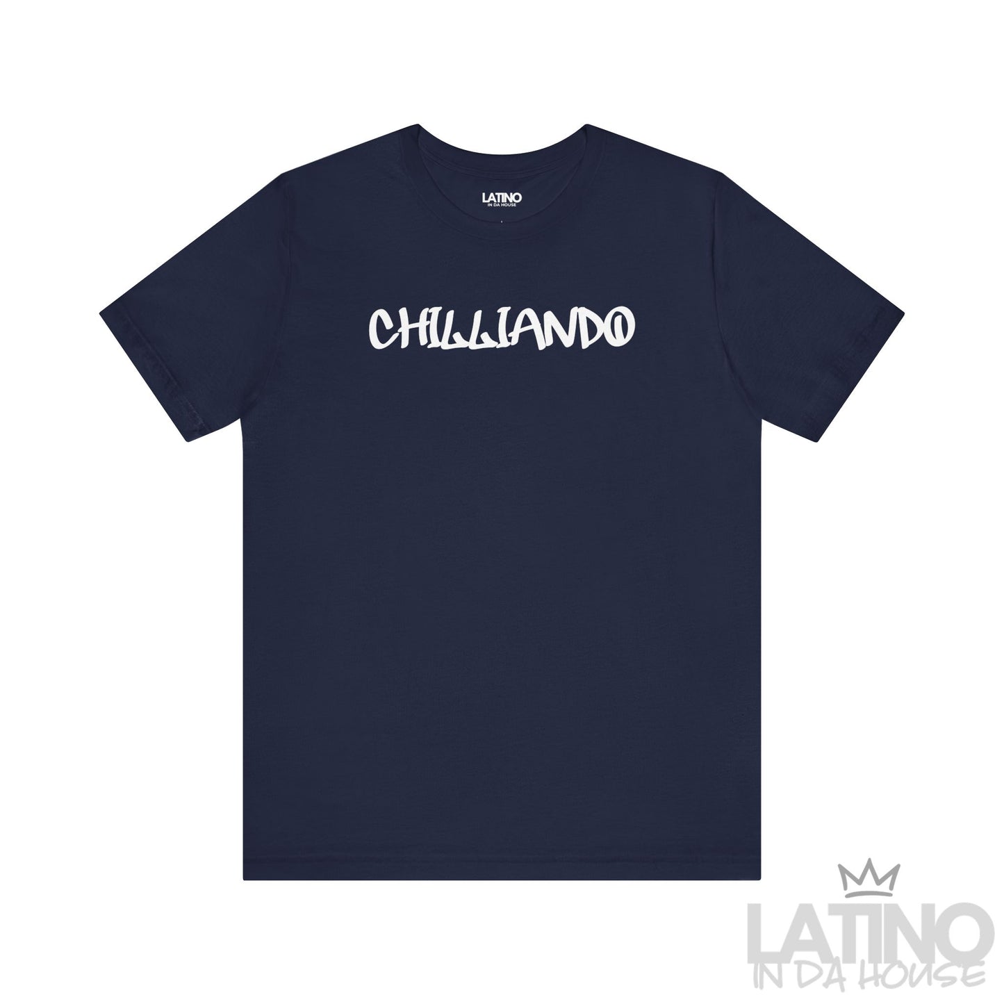 Chilliando t-shirt in navy blue with white graffiti text. Latino In Da House 