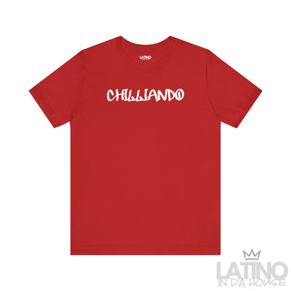 Chilliando t-shirt in red with white graffiti text. Latino In Da House 