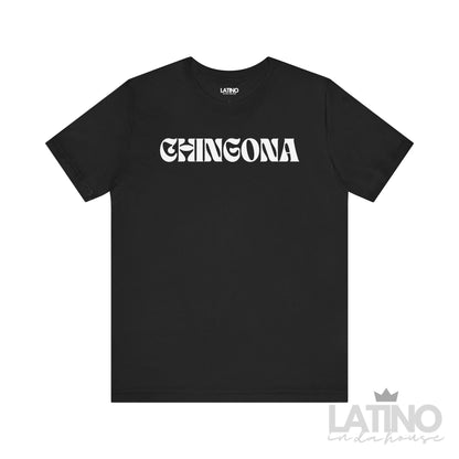 Chingona T-shirt with bold white retro lettering on black fabric LatinoInDaHouse 