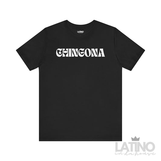 Chingona T-shirt with bold white retro lettering on black fabric LatinoInDaHouse 