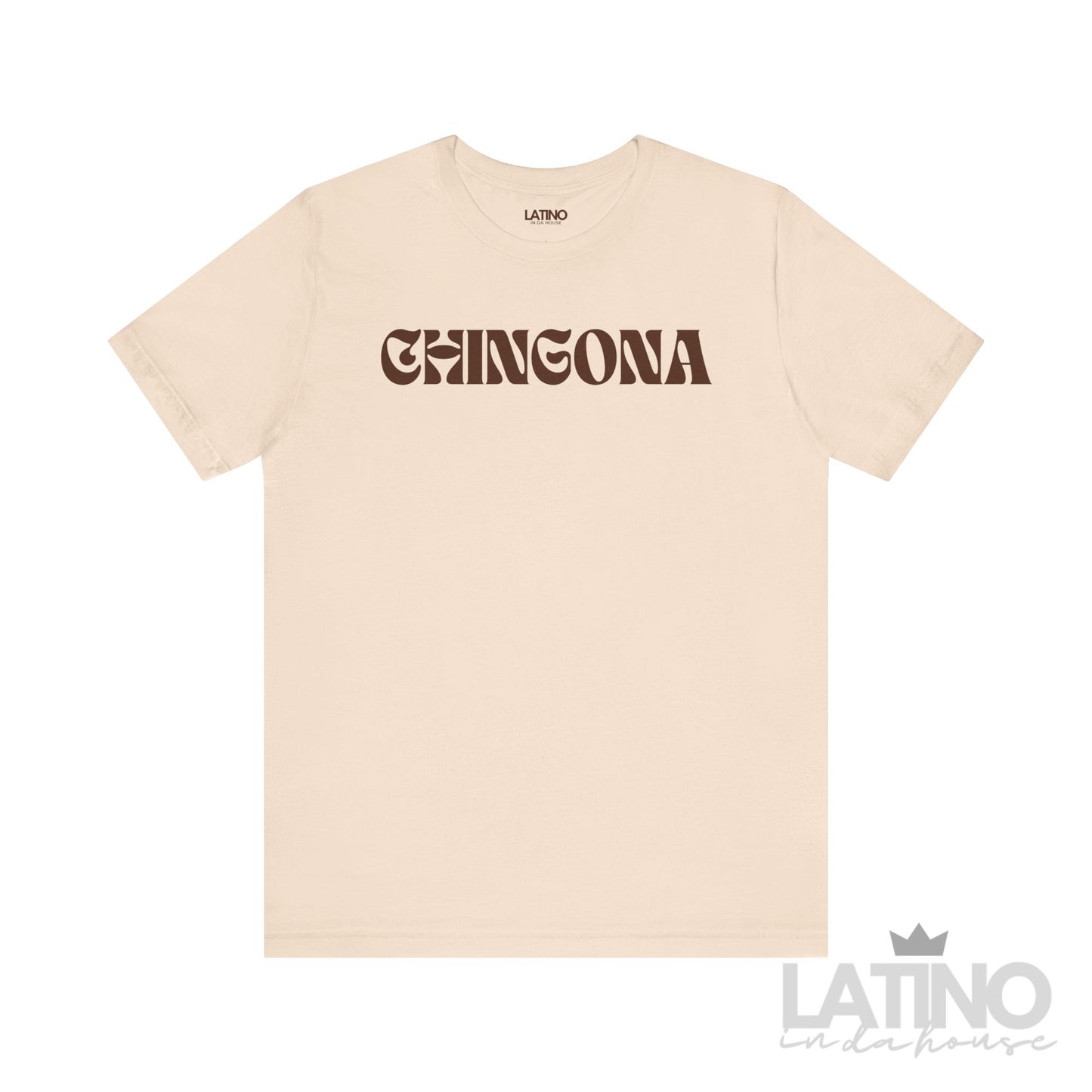 Chingona T-shirt with bold brown retro lettering on cream fabric LatinoInDaHouse 